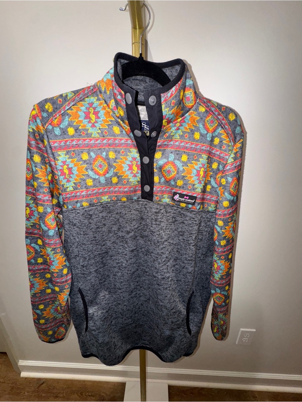 Simply Southern Gray Pullover with Colorful Aztec Print Accents